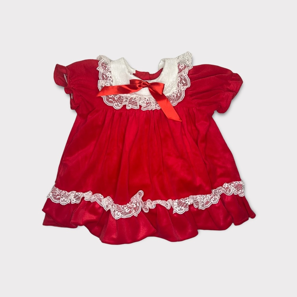 Lightning Bug Vintage Lace Detail Red Holiday Velour Dress